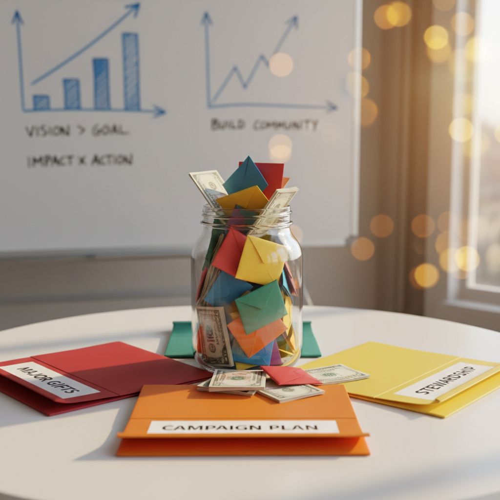 A clear glass jar overflowing with neatly folded, colorful donation envelopes and crisp bills, placed at the center of a clean white table. Around it, a semi-circle of vibrant, labeled folders—“Major Gifts,” “Campaign Plan,” “Stewardship”—fan outward like rays. A large window outside the frame casts golden afternoon light across the table, creating long, soft shadows and a gentle glow through the glass. In the background, out of focus, a whiteboard with upward-trending graphs and key coaching phrases adds context. Photographic realism, slightly elevated angle, with the jar in sharp focus and a subtle bokeh behind, evoking an atmosphere of optimism, intentionality, and organized growth in nonprofit fundraising.
