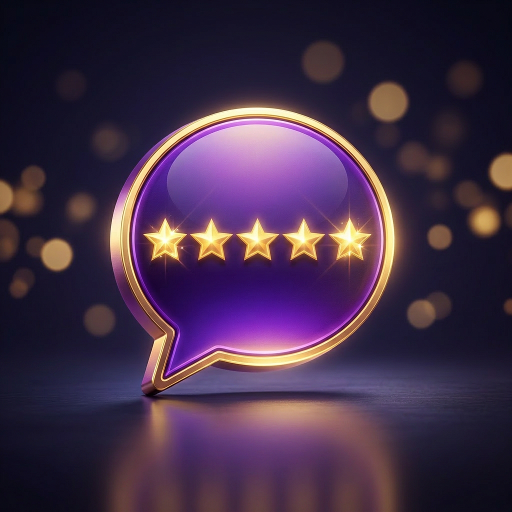 Speech bubble with seven golden stars and one purple outline star representing a 4.5-star rating
